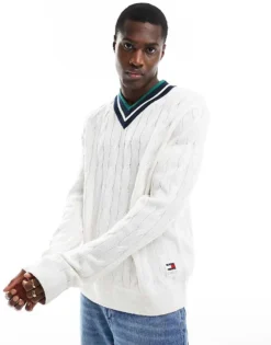 Tommy Jeans Regular V-neck Cable Jumper In White For Men Ancient White -Tomeans Store 205442946 3
