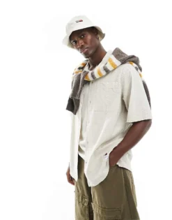 Tommy Jeans Relaxed Seersucked Camp Shirt In Off White For Men Newsprint