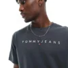 Tommy Jeans Regular Linear Logo T-shirt In Charcoal For Men