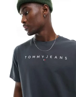 Tommy Jeans Regular Linear Logo T-shirt In Charcoal For Men
