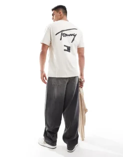 Tommy Jeans Graffiti Signature Back Print T-shirt In Beige For Men Newsprint