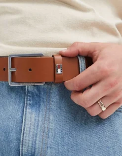 Tommy Jeans Flag Leather 4cm Belt In Brown For Men Cognac -Tomeans Store 206379488 3