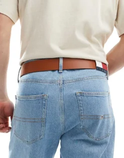 Tommy Jeans Flag Leather 4cm Belt In Brown For Men Cognac -Tomeans Store 206379488 4