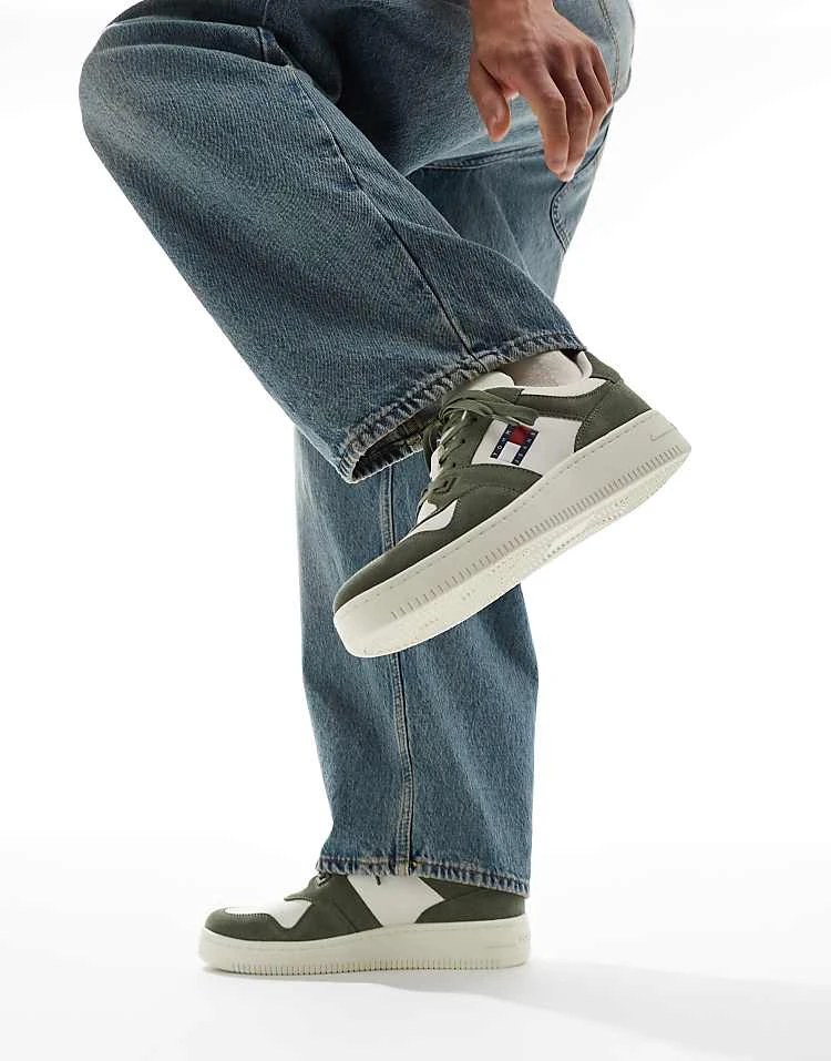 Tommy Jeans Basket Trainers In White And Green For Men Washed Army 1 Tommy Jeans Basket Trainers In White And Green For Men Washed Army