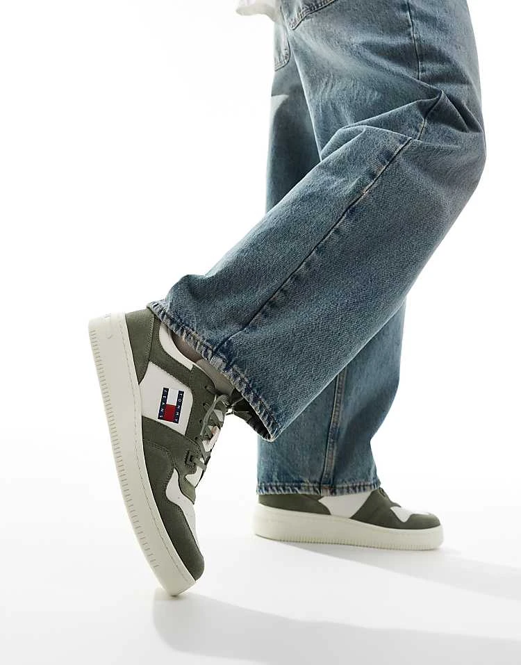 Tommy Jeans Basket Trainers In White And Green For Men Washed Army 5 Tommy Jeans Basket Trainers In White And Green For Men Washed Army - Image 5