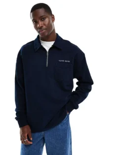 Tommy Jeans Small Logo 1/4 Zip Sweatshirt In Washed Navy For Men -Tomeans Store 206380214 1 navy 1