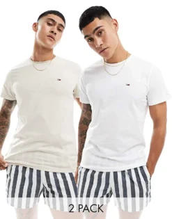 Tommy Jeans 2 Pack Slim Logo T-shirts In White And Beige For Men Newsprint / White -Tomeans Store 206380280 1 newsprintwhite 1