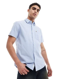 Tommy Jeans Linen Short Sleeve Shirt In Blue For Men Westside Blue -Tomeans Store 206380649 1 westsideblue 1