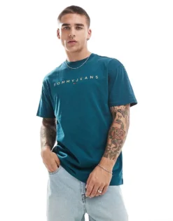 Tommy Jeans Gold Linear Logo T-shirt In Green For Men Deep Seawater -Tomeans Store 206858707 1 deepseawater 1