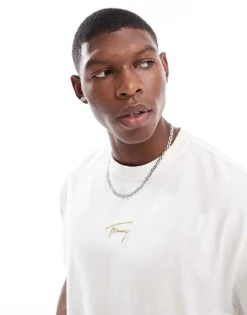 Tommy Jeans Gold Central Logo T-shirt In Off White For Men Ancient White