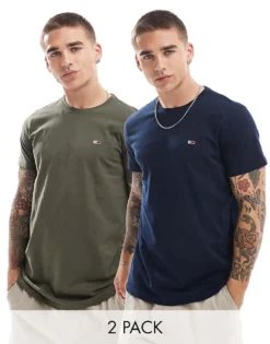 Tommy Jeans 2 Pack Slim Flag Logo T-shirts In Dark Khaki And Navy For Men Green/navy -Tomeans Store 206859226 1 greennavy 1
