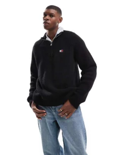 Tommy Jeans 1/4 Zip Badge Jumper In Black For Men Black Melange