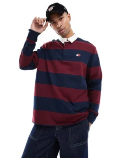 Tommy Jeans Stripe Rugby Top In Navy And Burgundy For Men Rouge/navy -Tomeans Store 206859796 1 rougenavy 1