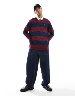 Tommy Jeans Stripe Rugby Top In Navy And Burgundy For Men Rouge/navy -Tomeans Store 206859796 3