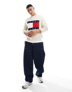 Tommy Jeans Large Flag Logo Jumper In Off White Melange For Men Newsprint Melange