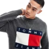 Tommy Jeans Large Flag Logo Jumper In Grey Melange For Men New Charcoal Melange