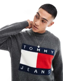 Tommy Jeans Large Flag Logo Jumper In Grey Melange For Men New Charcoal Melange