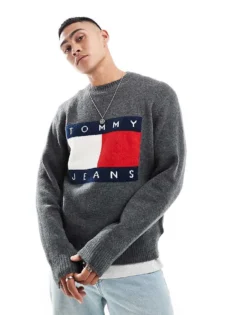 Tommy Jeans Large Flag Logo Jumper In Grey Melange For Men New Charcoal Melange -Tomeans Store 206860125 3