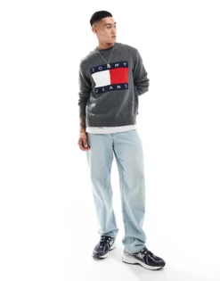Tommy Jeans Large Flag Logo Jumper In Grey Melange For Men New Charcoal Melange -Tomeans Store 206860125 4