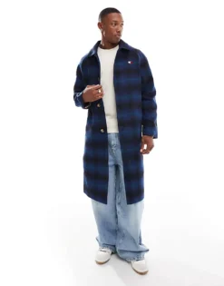Tommy Jeans Long Wool Coat In Navy Check For Men Blue
