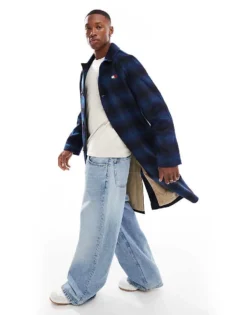 Tommy Jeans Long Wool Coat In Navy Check For Men Blue -Tomeans Store 206860138 4