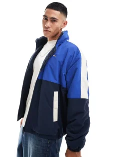 Tommy Jeans Reversible Teddy Jacket In Blue Colourblock For Men Bright Blue Multi