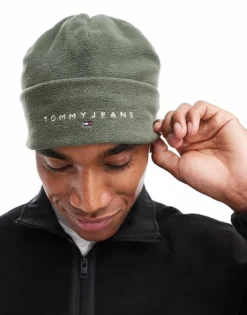 Tommy Jeans Linear Logo Fleece Beanie In Army Green For Men Deep Woods -Tomeans Store 206885500 3