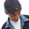 Tommy Jeans Flag Ribbed Beanie In Dark Grey For Men Grey Heather