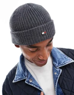 Tommy Jeans Flag Ribbed Beanie In Dark Grey For Men Grey Heather