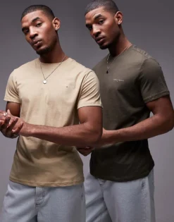 Tommy Jeans 2 Pack Linear Logo T-shirts In Khaki And Beige For Men Green / Tan -Tomeans Store 207285734 1 greentan 1
