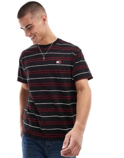 Tommy Jeans Relaxed Badge T-shirt In Black And Red Stripe For Men Black / Stripe