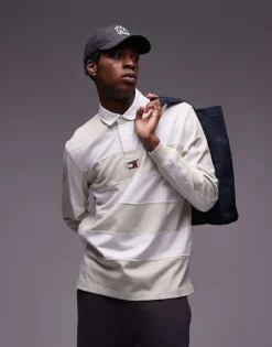 Tommy Jeans Badge Rugby Shirt In Off White Stripe For Men Newsprint