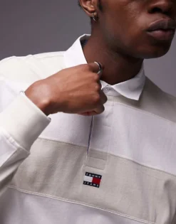 Tommy Jeans Badge Rugby Shirt In Off White Stripe For Men Newsprint -Tomeans Store 207285755 3