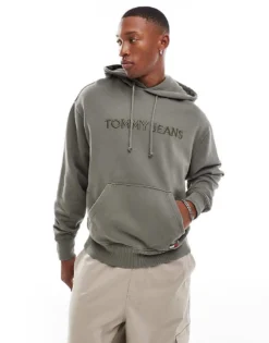Tommy Jeans Tonal Linear Logo Hoodie In Washed Khaki For Men Fatigue Green