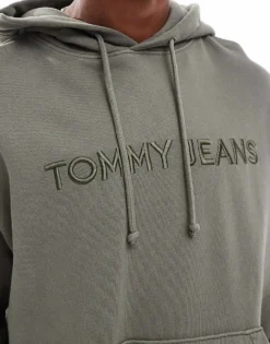 Tommy Jeans Tonal Linear Logo Hoodie In Washed Khaki For Men Fatigue Green -Tomeans Store 207286144 3