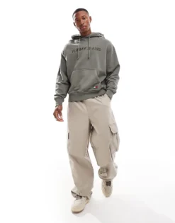 Tommy Jeans Tonal Linear Logo Hoodie In Washed Khaki For Men Fatigue Green -Tomeans Store 207286144 4