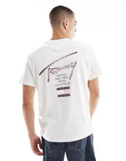 Tommy Jeans Regular Signature Back Print T-shirt In White And Pink For Men Ecru
