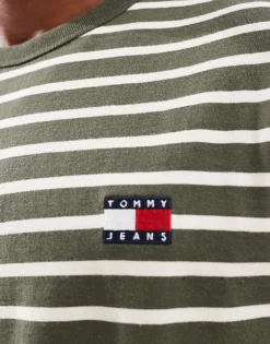 Tommy Jeans Badge T-shirt In Olive And Cream Stripe For Men Green / Newsprint -Tomeans Store 207286270 3