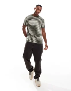 Tommy Jeans Badge T-shirt In Olive And Cream Stripe For Men Green / Newsprint -Tomeans Store 207286270 4