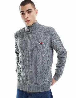 Tommy Jeans Cable Knit 1/4 Zip Jumper In Grey For Men Grey Htr -Tomeans Store 207286455 1 greyhtr 1