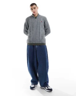 Tommy Jeans Cable Knit 1/4 Zip Jumper In Grey For Men Grey Htr -Tomeans Store 207286455 4