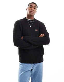 Tommy Jeans Tommy Badge Textured Rib-knit Jumper In Black For Men -Tomeans Store 207714937 1 black 1