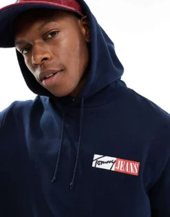Tommy Jeans Signature Logo Drawstring Hoody In Navy Blue For Men