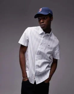 Tommy Jeans Linen Shirt In Light Blue And White Stripe For Men Sweet Blue / Ecru