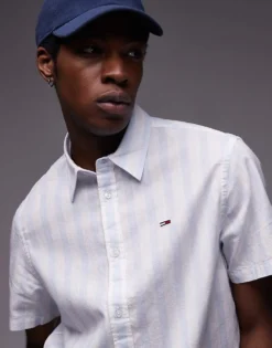 Tommy Jeans Linen Shirt In Light Blue And White Stripe For Men Sweet Blue / Ecru -Tomeans Store 207795678 3