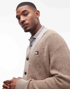 Tommy Jeans Badge Logo Knitted Two Tone Cardigan In Brown For Men Vintage Camel -Tomeans Store 207795682 3